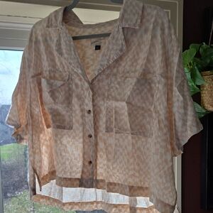 Cropped Linen Checked Button-Down Short Sleeve XXL Cream & White